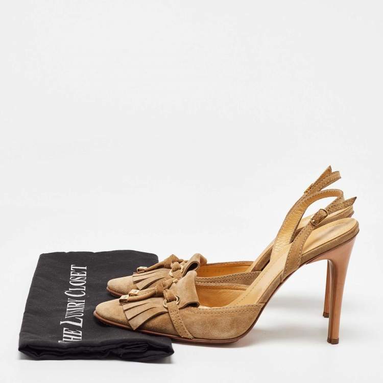 Pre Owned Casadei Beige Suede Fringe Detail Slingback Pumps Size 40