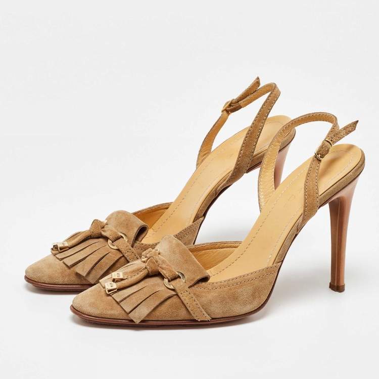 Pre Owned Casadei Beige Suede Fringe Detail Slingback Pumps Size 40
