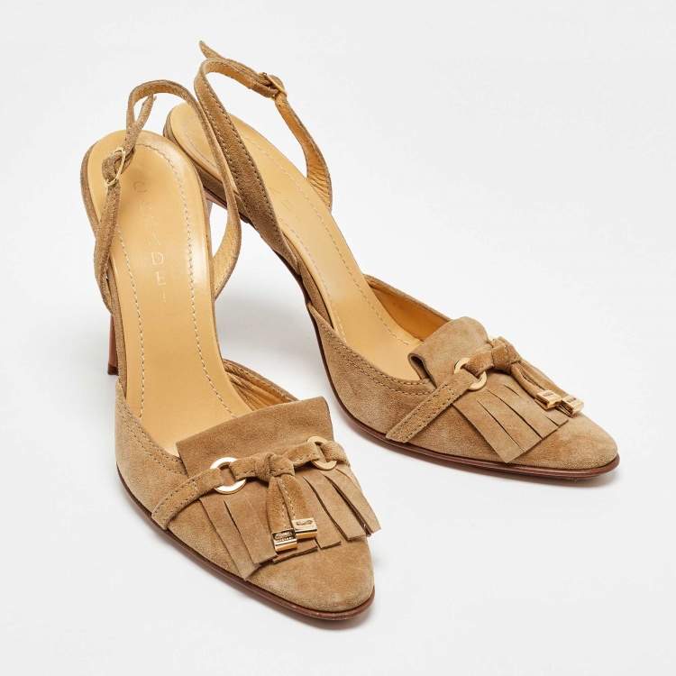 Pre Owned Casadei Beige Suede Fringe Detail Slingback Pumps Size 40