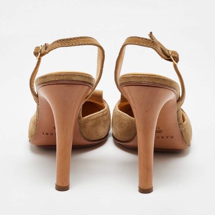 Pre Owned Casadei Beige Suede Fringe Detail Slingback Pumps Size 40