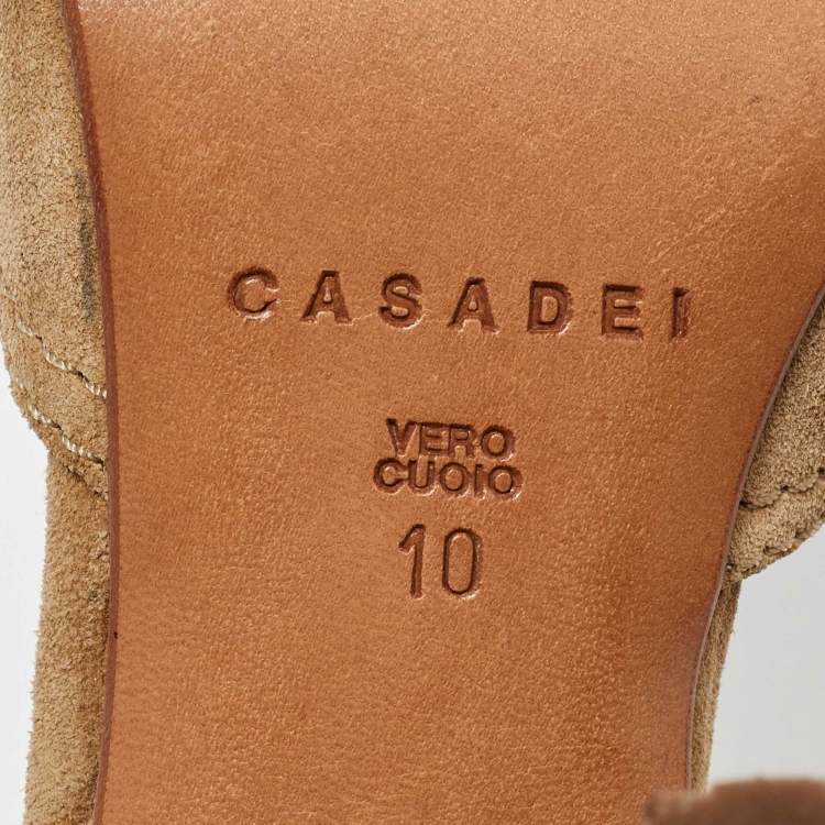 Pre Owned Casadei Beige Suede Fringe Detail Slingback Pumps Size 40