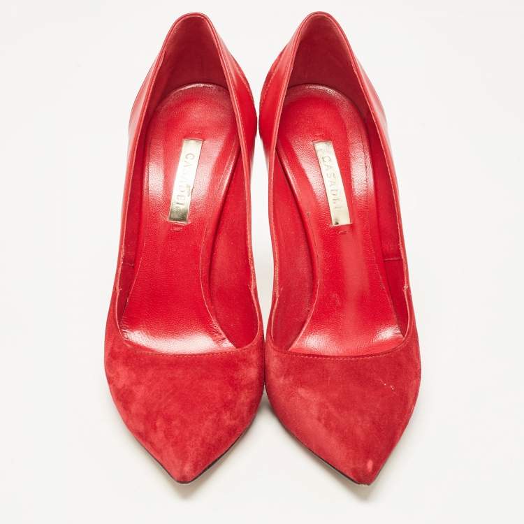Pre Owned Casadei Red Leather and Suede Pointed Toe Pumps Size 38