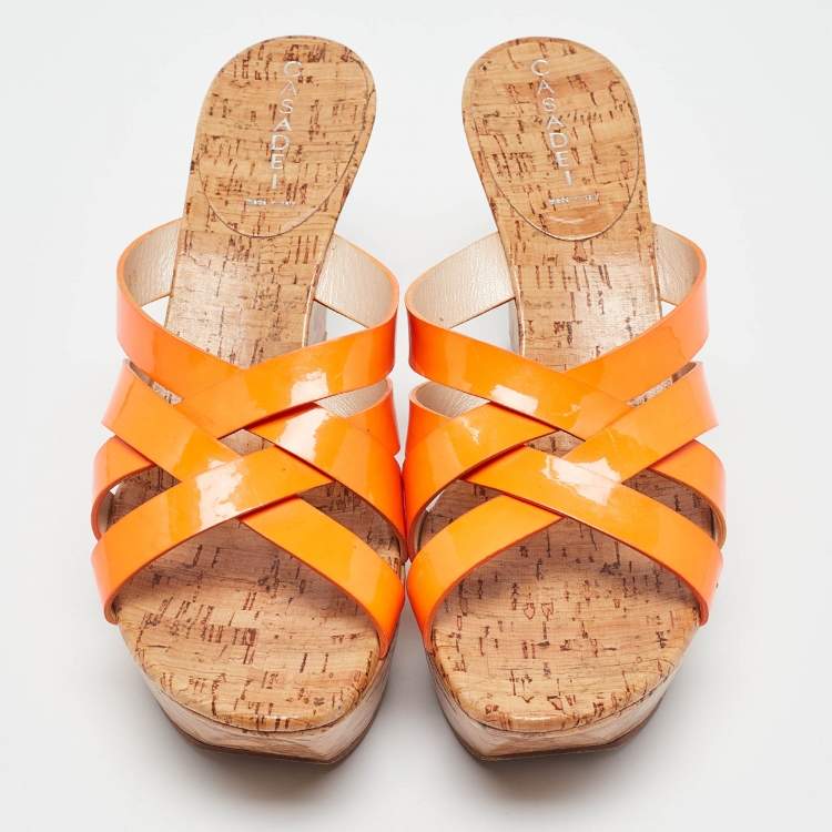 Pre Owned Casadei Orange Patent Leather Cork Platform Wedge Slide Sandals Size 41
