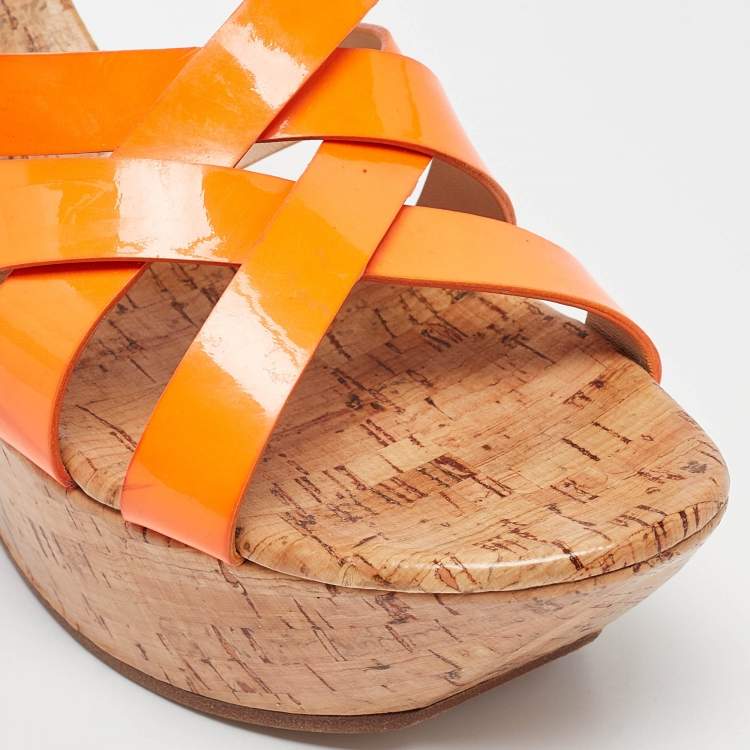 Pre Owned Casadei Orange Patent Leather Cork Platform Wedge Slide Sandals Size 41