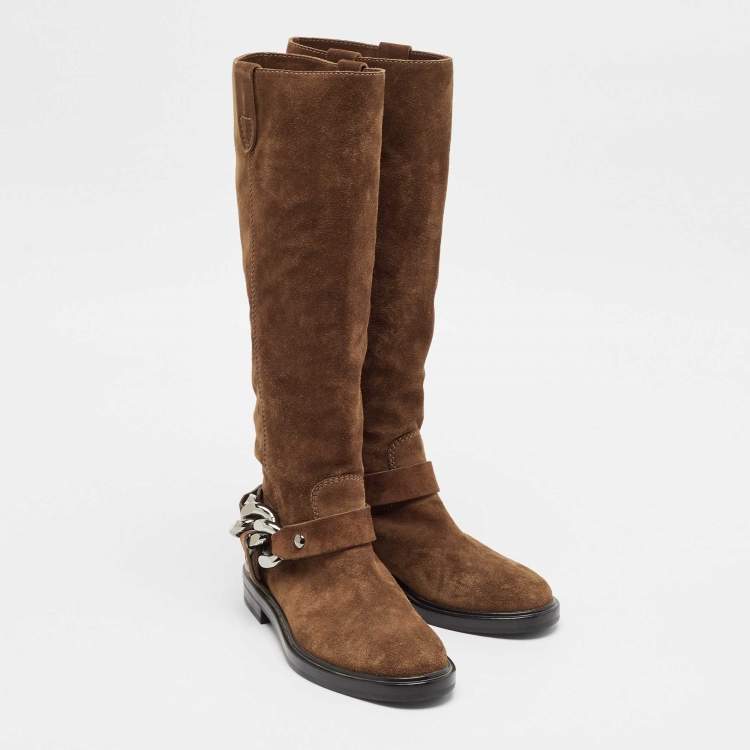 Pre Owned Casadei Brown Suede Chain Detail Knee Length Boots Size 36