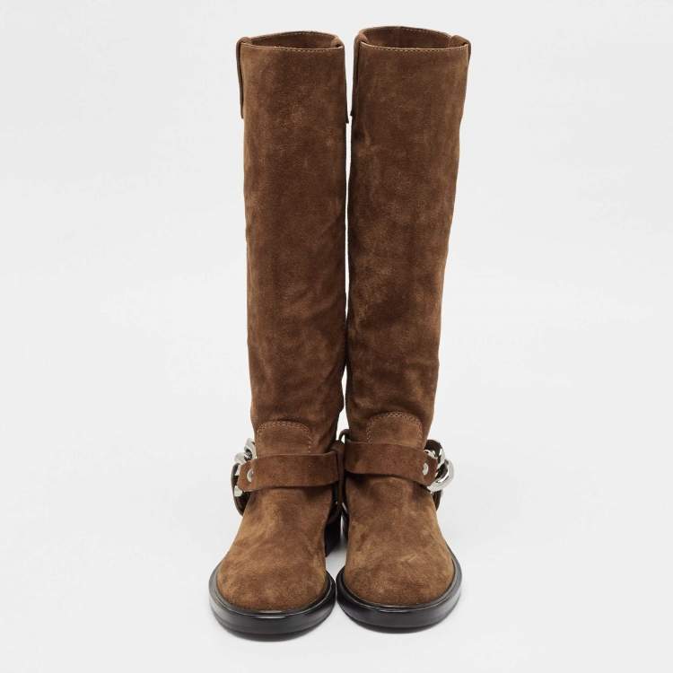 Pre Owned Casadei Brown Suede Chain Detail Knee Length Boots Size 36