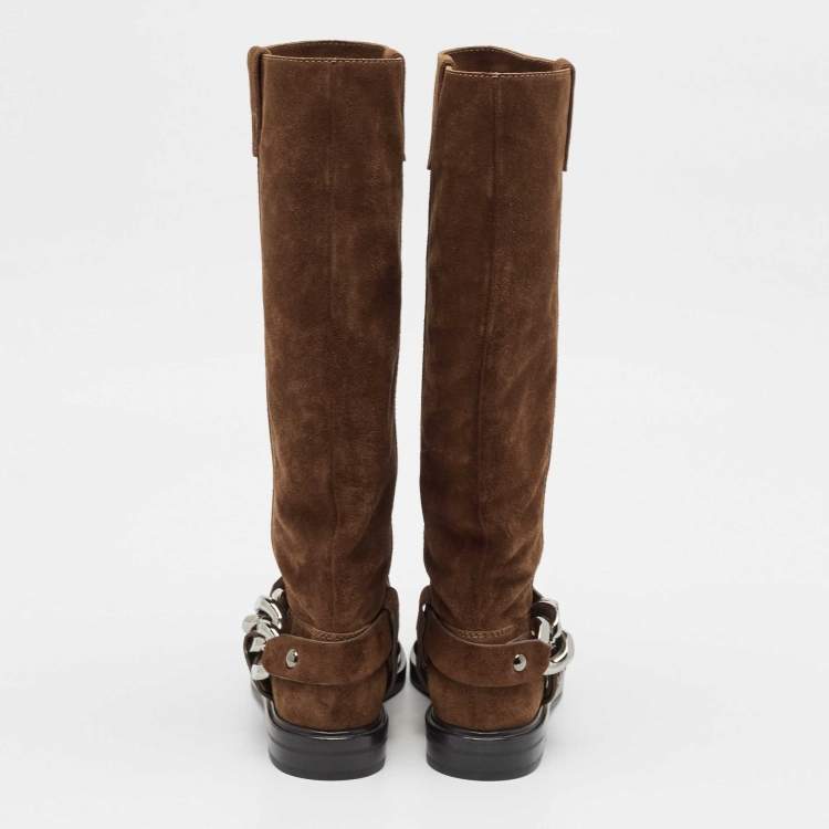 Pre Owned Casadei Brown Suede Chain Detail Knee Length Boots Size 36