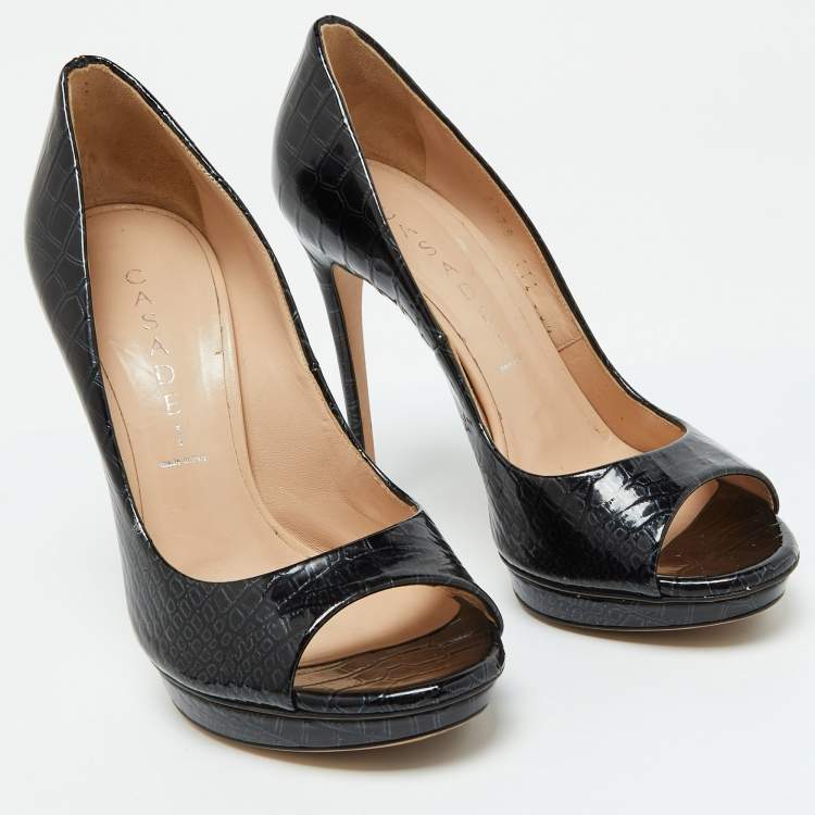 Pre Owned Casadei Black Croc Embossed Leather Open Toe Pumps Size 36.5