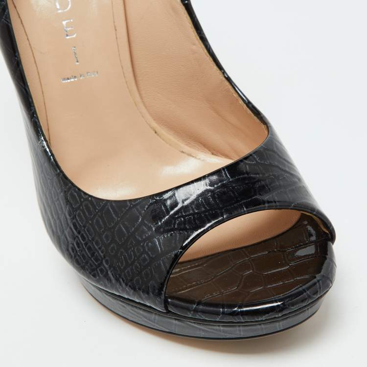 Pre Owned Casadei Black Croc Embossed Leather Open Toe Pumps Size 36.5