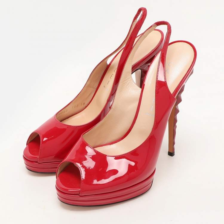 Pre Owned Casadei Red Patent Leather Slingback Platform Pumps Size 38