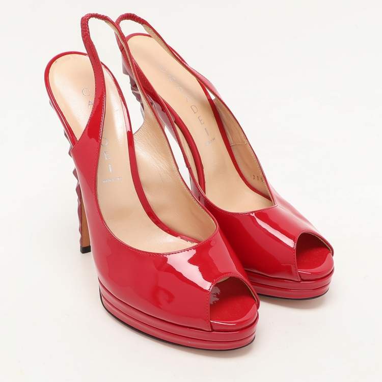 Pre Owned Casadei Red Patent Leather Slingback Platform Pumps Size 38
