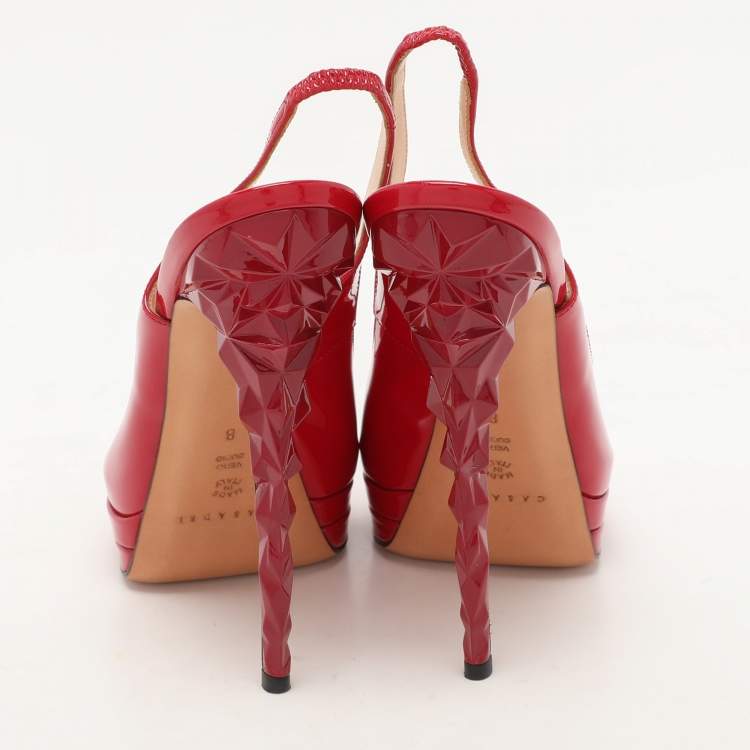 Pre Owned Casadei Red Patent Leather Slingback Platform Pumps Size 38