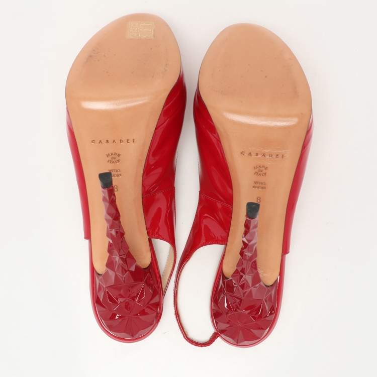 Pre Owned Casadei Red Patent Leather Slingback Platform Pumps Size 38