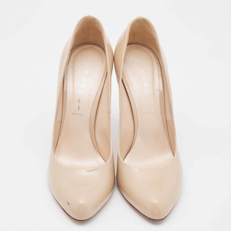 Pre Owned Casadei Beige Patent Leather Pointed Toe Pumps Size 39.5