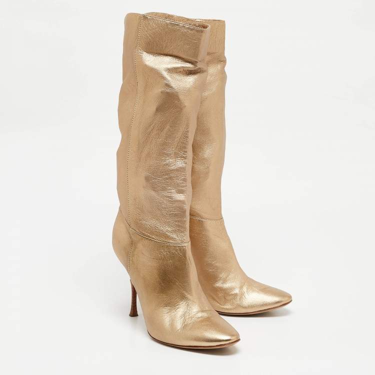 Pre Owned Casadei Gold Leather Mid Calf Boots Size 37