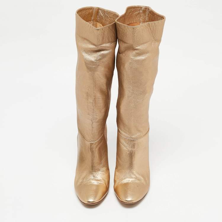 Pre Owned Casadei Gold Leather Mid Calf Boots Size 37