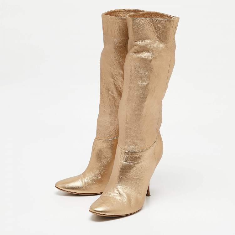 Pre Owned Casadei Gold Leather Mid Calf Boots Size 37