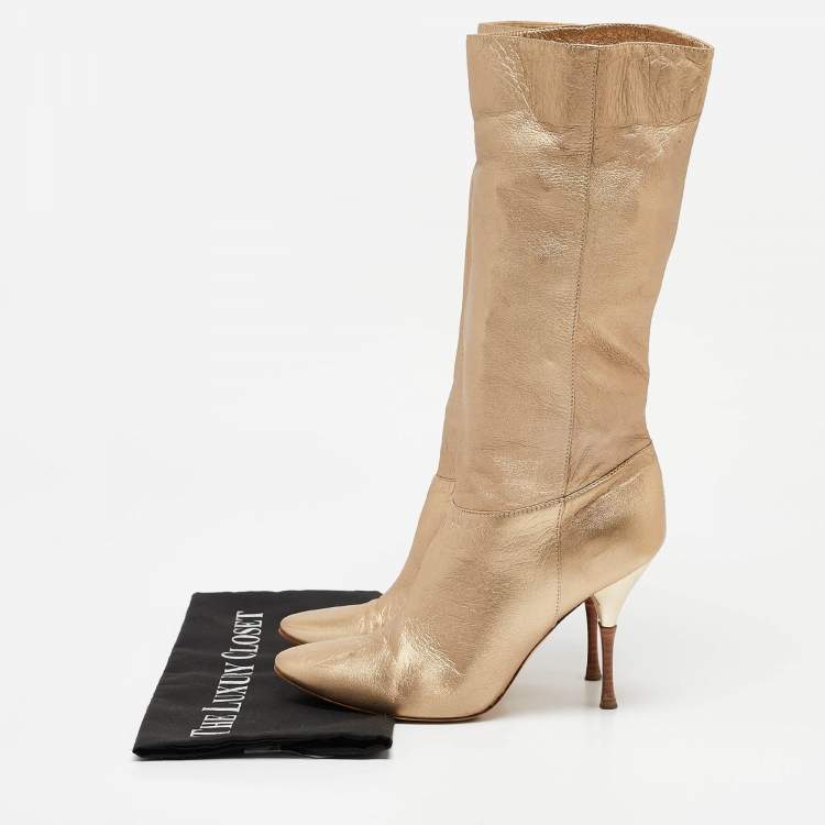 Pre Owned Casadei Gold Leather Mid Calf Boots Size 37