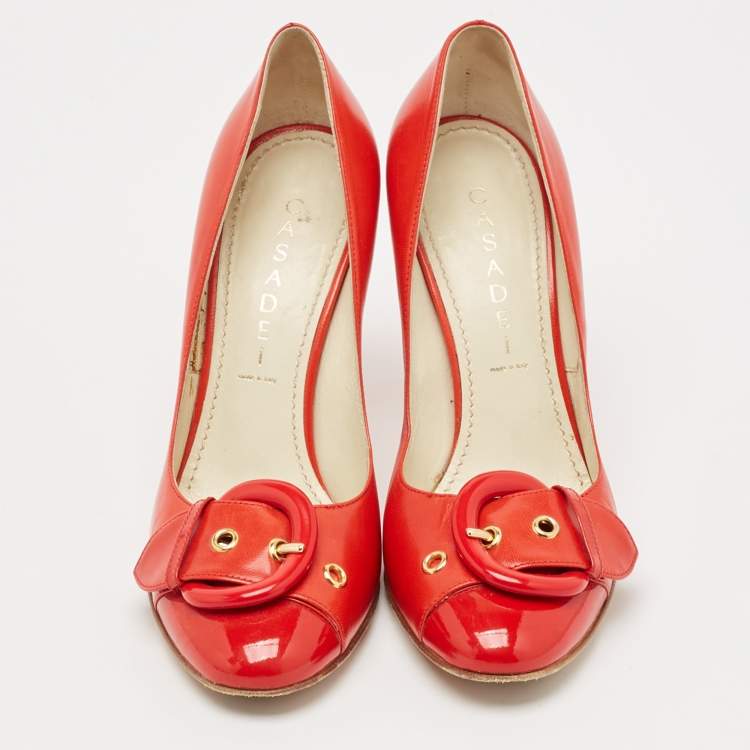 Pre Owned Casadei Red Leather Buckle Detail Pumps Size 37