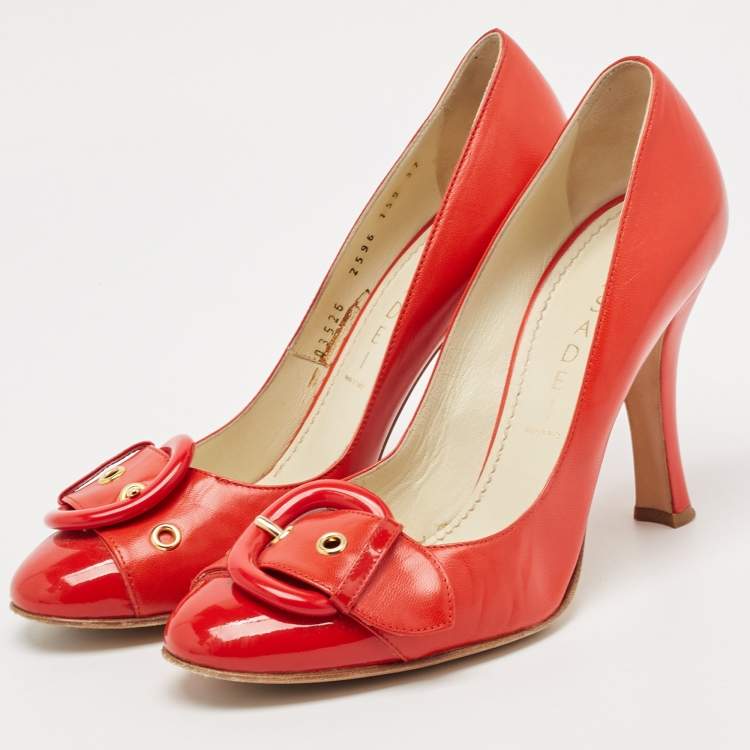 Pre Owned Casadei Red Leather Buckle Detail Pumps Size 37