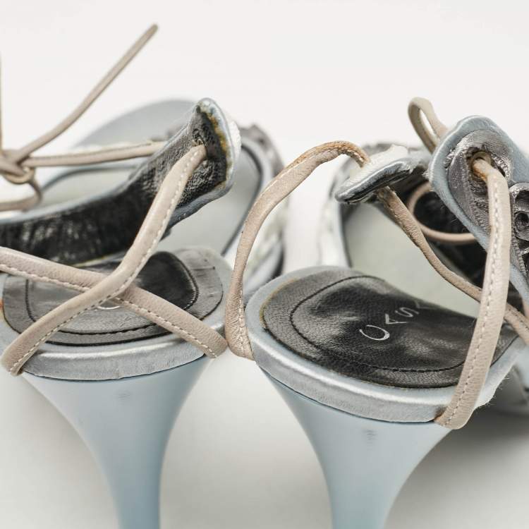 Pre Owned Casadei Grey Satin Floral Ankle Tie Up Sandals Size 38