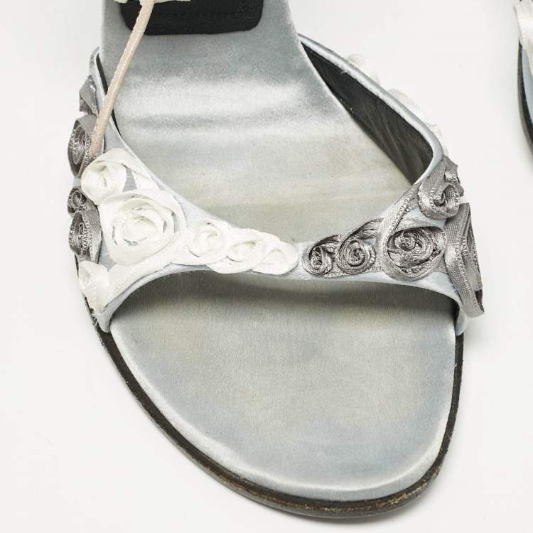 Pre Owned Casadei Grey Satin Floral Ankle Tie Up Sandals Size 38