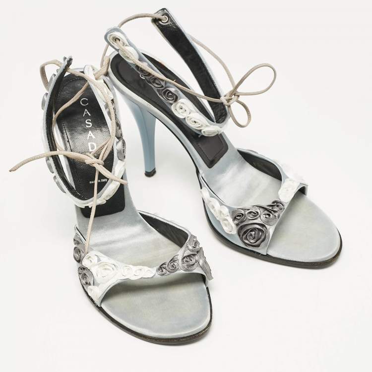 Pre Owned Casadei Grey Satin Floral Ankle Tie Up Sandals Size 38