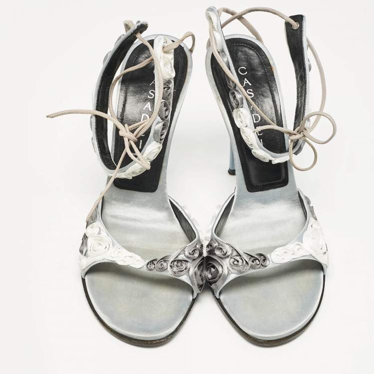 Pre Owned Casadei Grey Satin Floral Ankle Tie Up Sandals Size 38