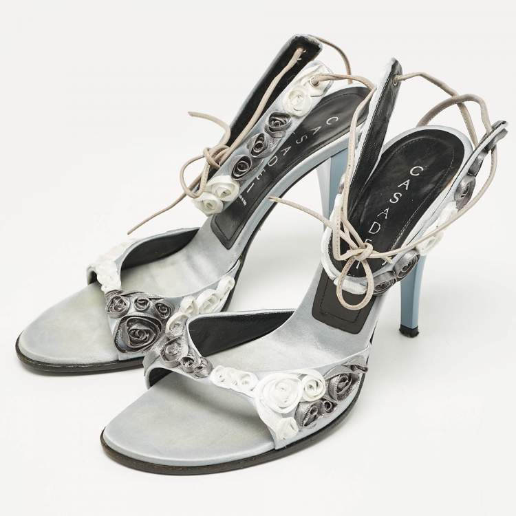 Pre Owned Casadei Grey Satin Floral Ankle Tie Up Sandals Size 38