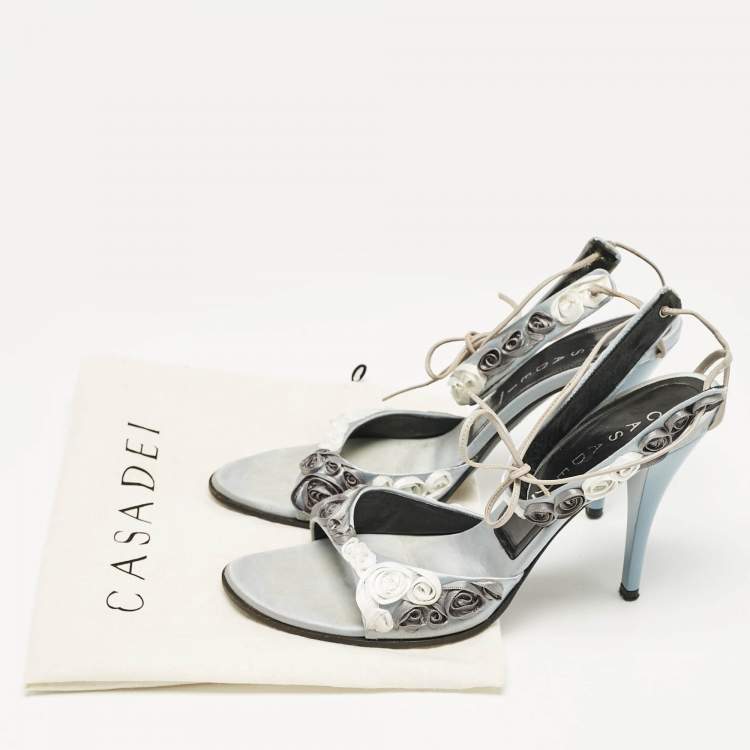 Pre Owned Casadei Grey Satin Floral Ankle Tie Up Sandals Size 38