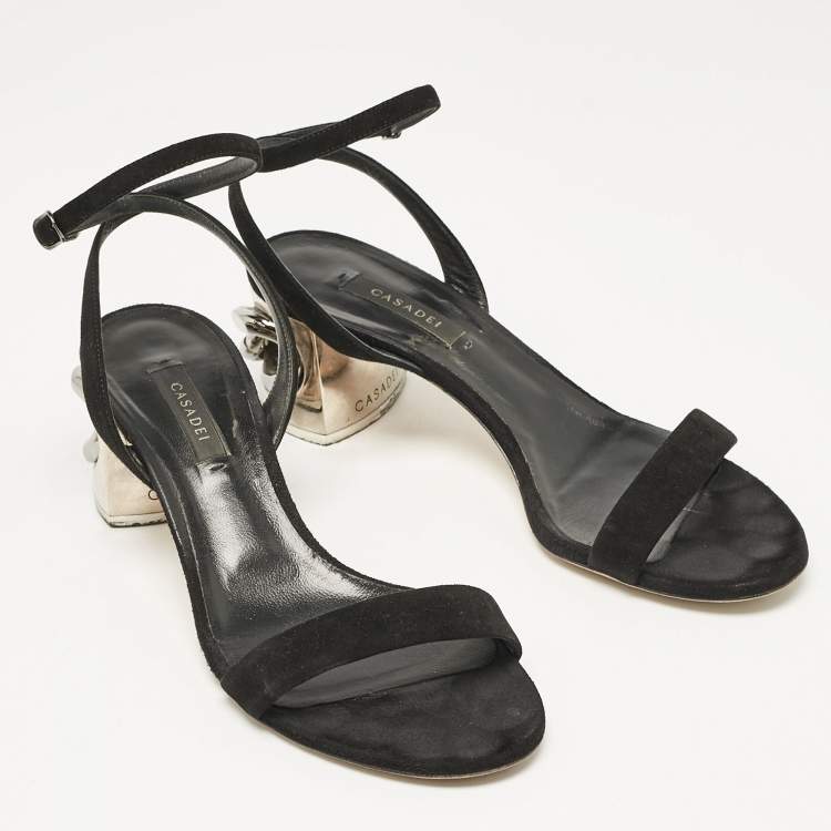 Pre Owned Casadei Black Suede Ankle Strap Block Heel  Sandals Size 39