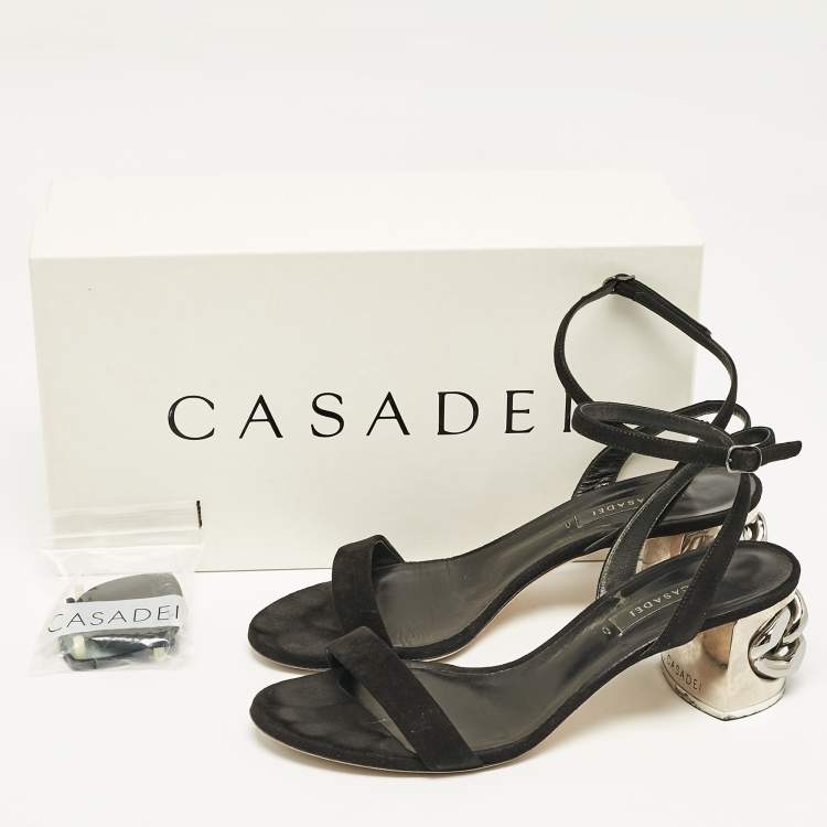 Pre Owned Casadei Black Suede Ankle Strap Block Heel  Sandals Size 39
