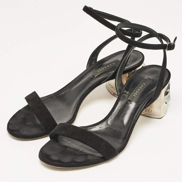 Pre Owned Casadei Black Suede Ankle Strap Block Heel  Sandals Size 39