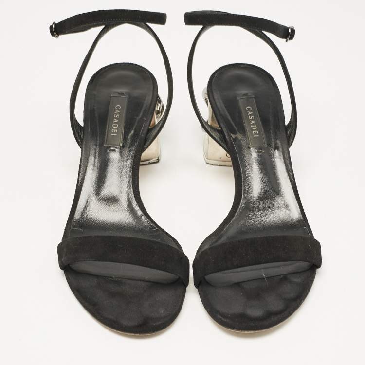 Pre Owned Casadei Black Suede Ankle Strap Block Heel  Sandals Size 39