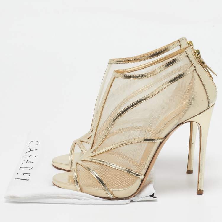 Pre Owned Casadei Gold Leather and Mesh Open Toe Ankle Length Boots Size 39