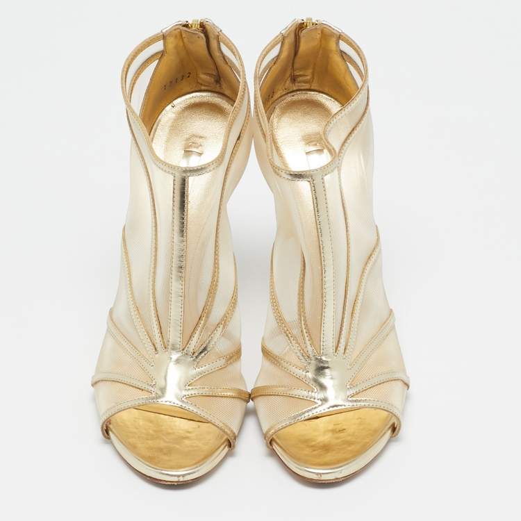 Pre Owned Casadei Gold Leather and Mesh Open Toe Ankle Length Boots Size 39