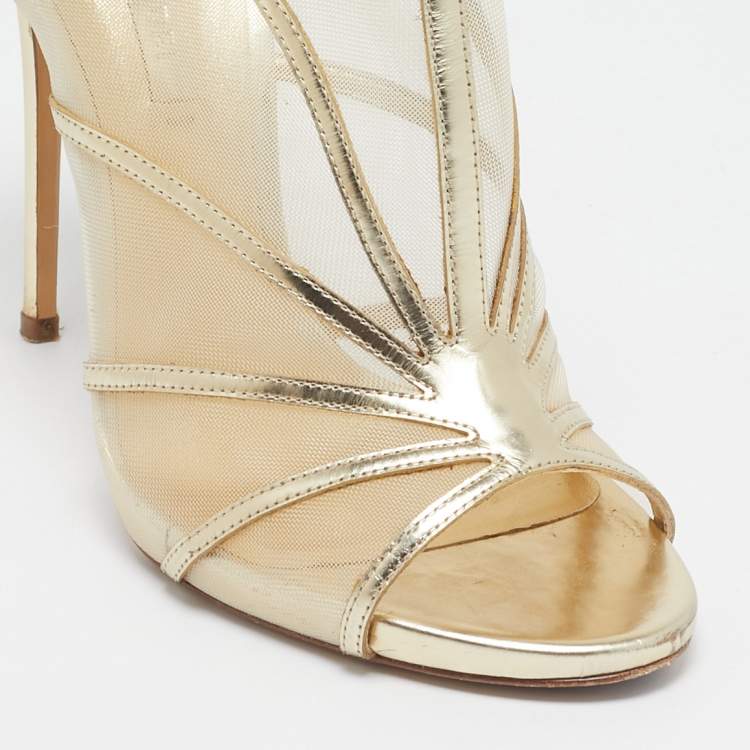 Pre Owned Casadei Gold Leather and Mesh Open Toe Ankle Length Boots Size 39