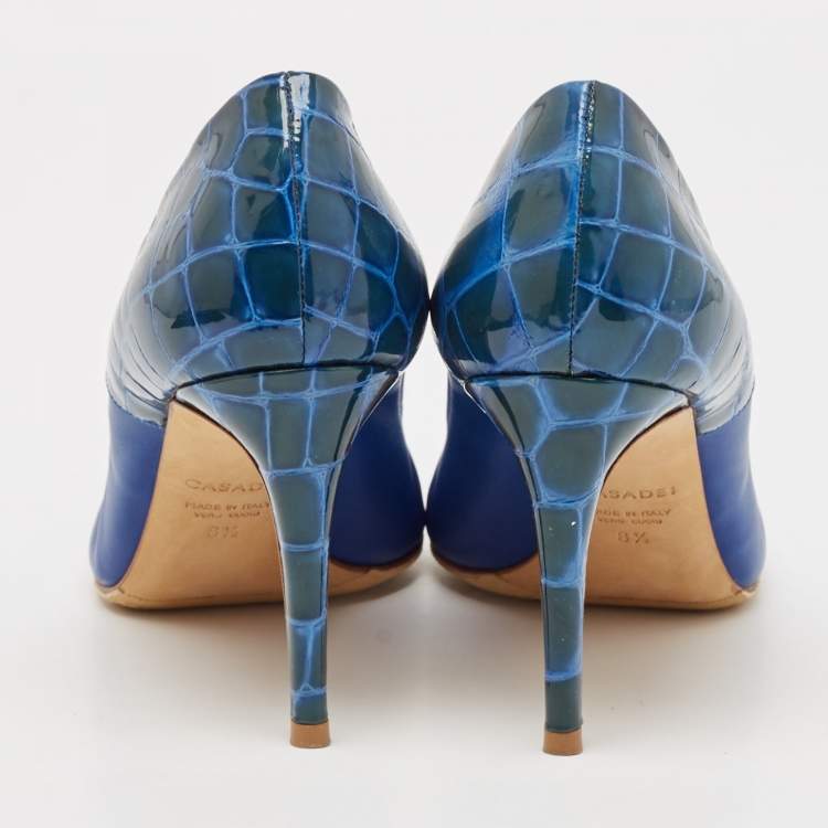Pre Owned Casadei Blue Croc Embossed Patent Leather and Leather Pointed Toe Pumps Size 38.5