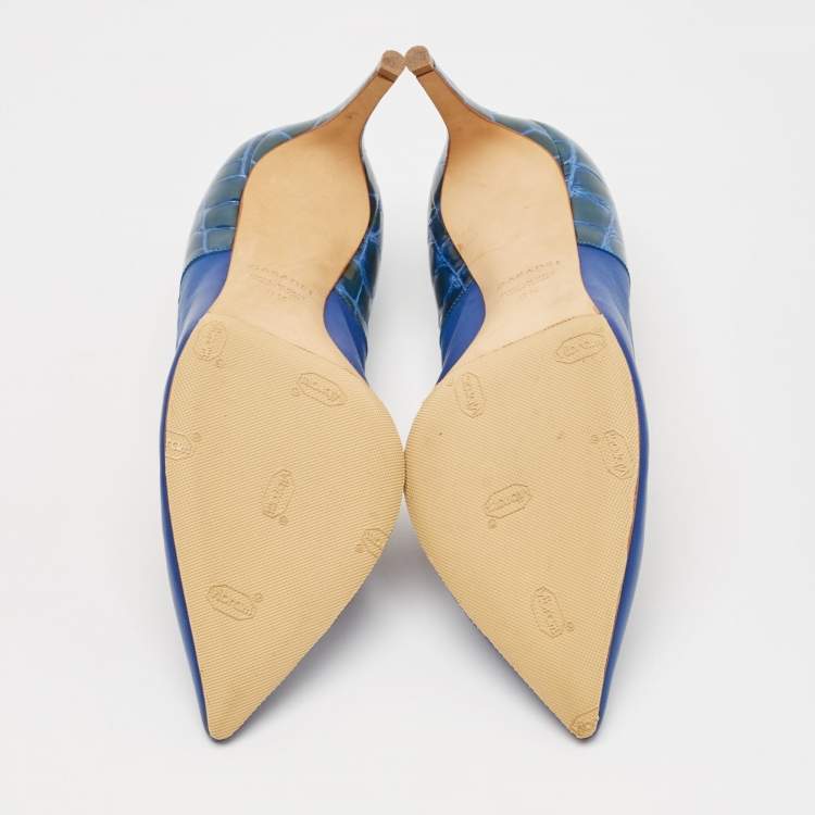 Pre Owned Casadei Blue Croc Embossed Patent Leather and Leather Pointed Toe Pumps Size 38.5