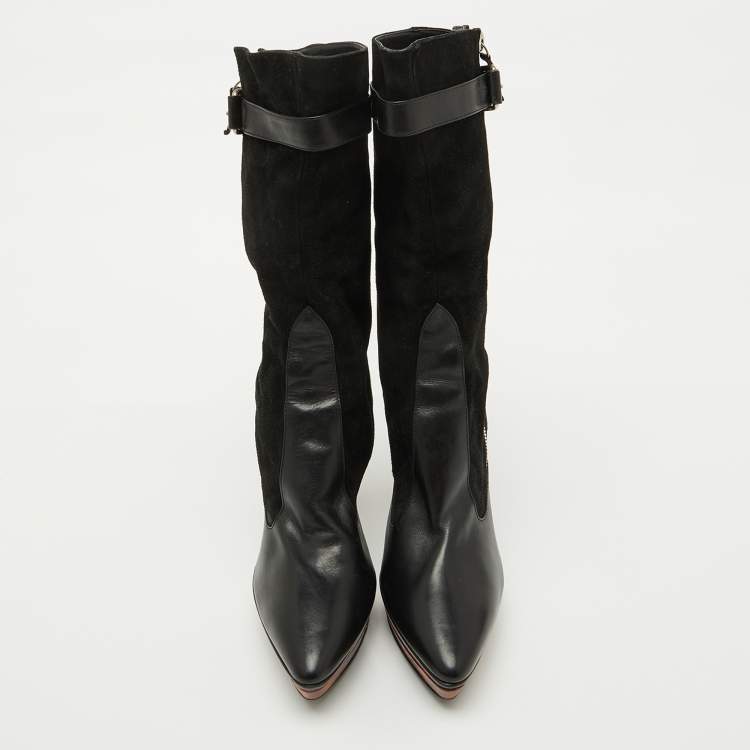 Pre Owned Casadei Black Suede and Leather Platform Ankle Length Boots Size 37.5