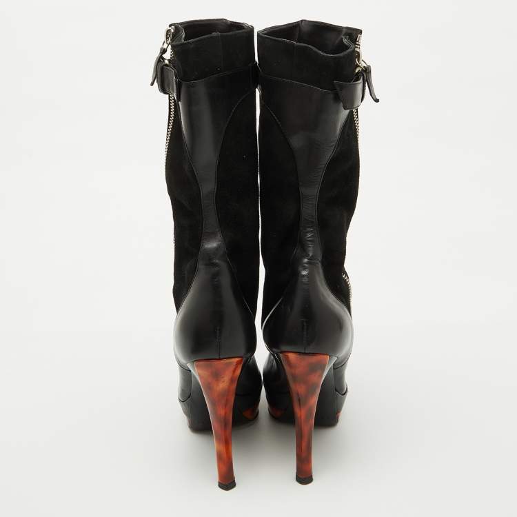 Pre Owned Casadei Black Suede and Leather Platform Ankle Length Boots Size 37.5
