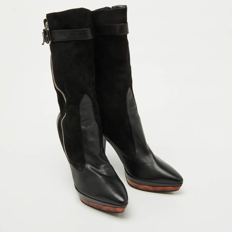 Pre Owned Casadei Black Suede and Leather Platform Ankle Length Boots Size 37.5
