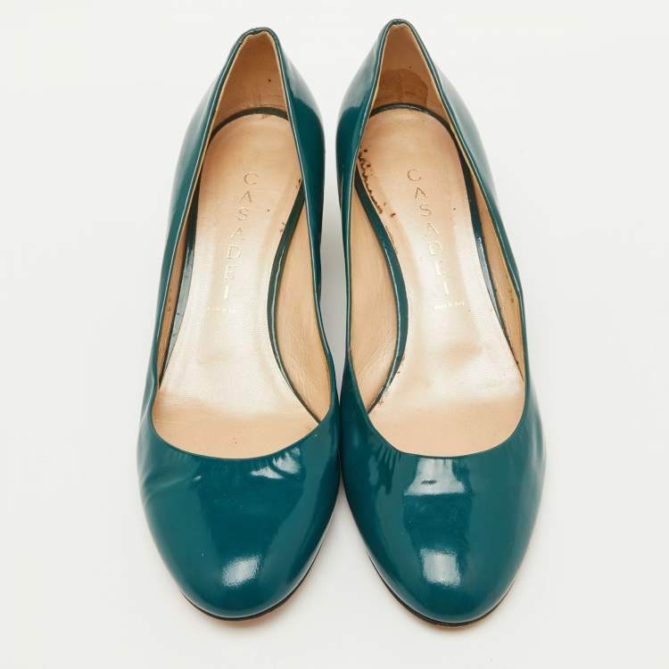 Pre Owned Casadei Teal Green Patent Leather Chain Block Heel Round Toe Pumps Size 38
