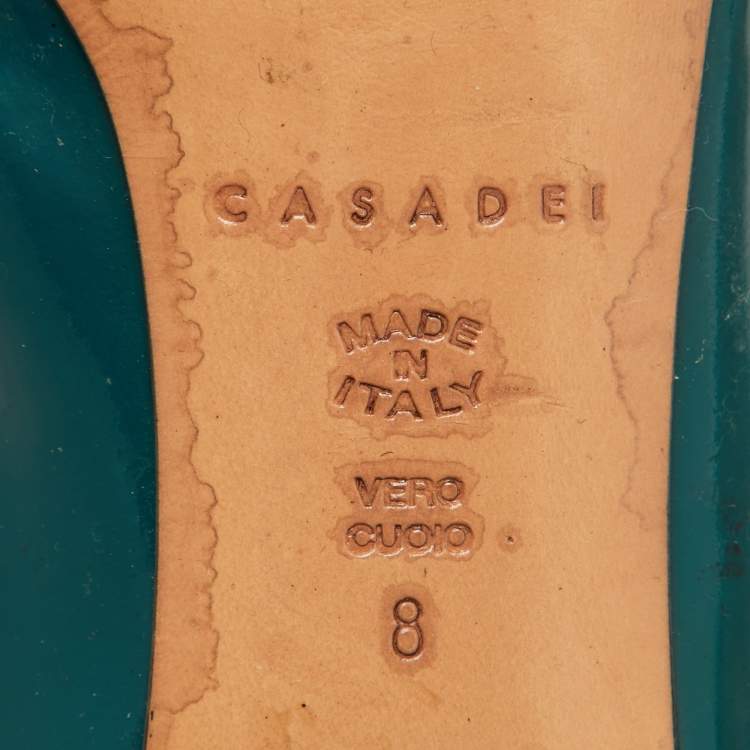 Pre Owned Casadei Teal Green Patent Leather Chain Block Heel Round Toe Pumps Size 38