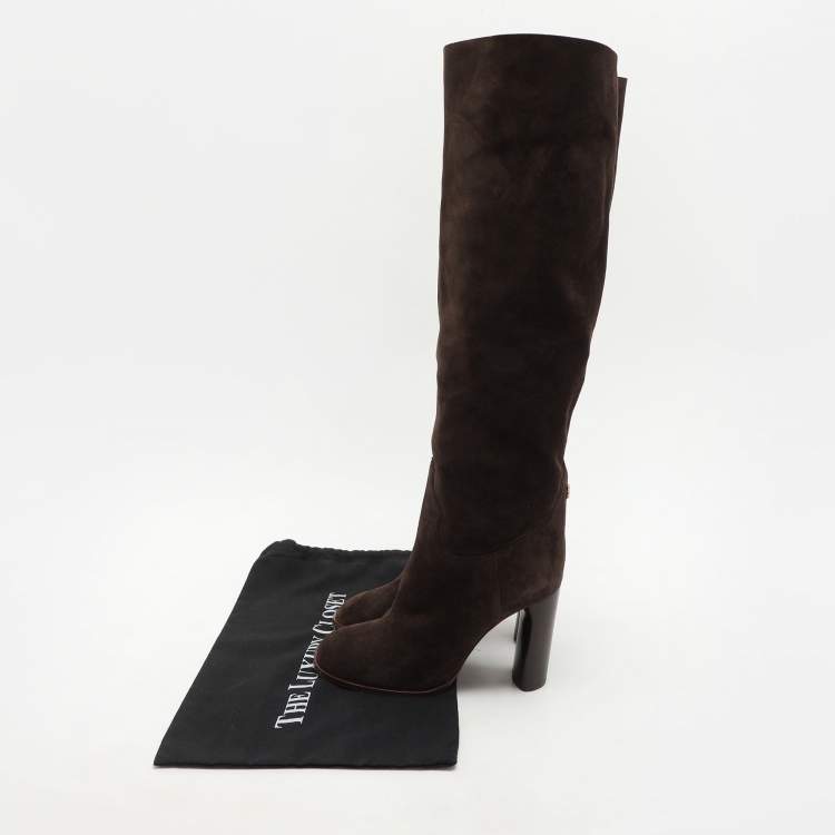Pre Owned Casadei Brown Suede C Chain Embellished Calf Length Boots Size 36