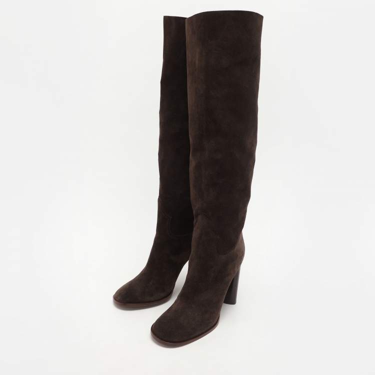 Pre Owned Casadei Brown Suede C Chain Embellished Calf Length Boots Size 36