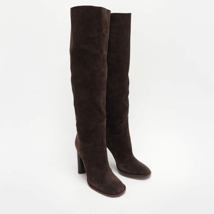 Pre Owned Casadei Brown Suede C Chain Embellished Calf Length Boots Size 36