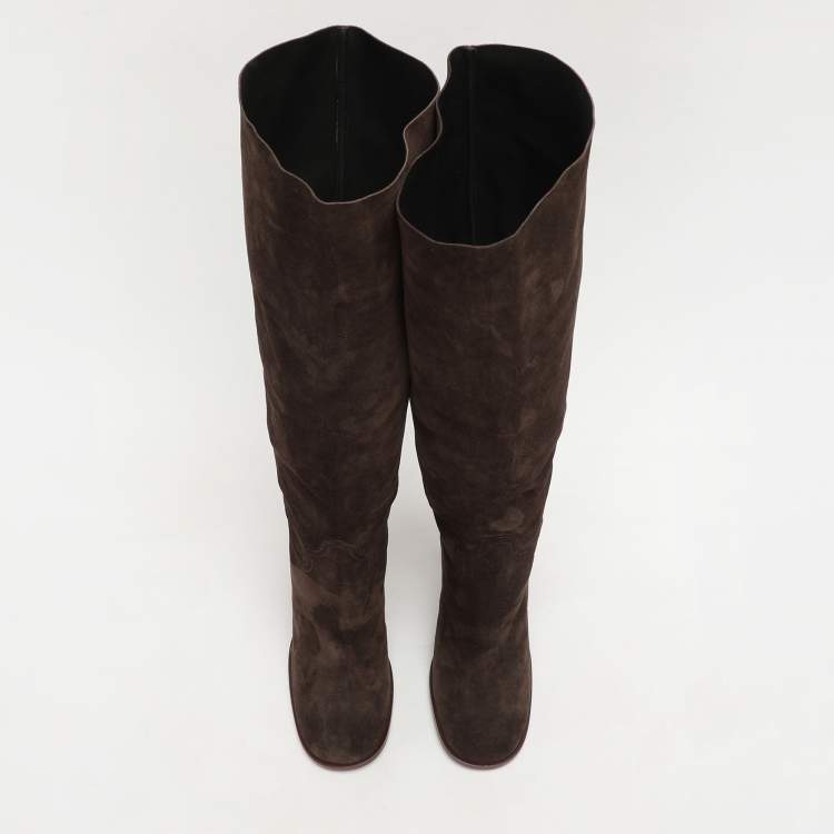 Pre Owned Casadei Brown Suede C Chain Embellished Calf Length Boots Size 36