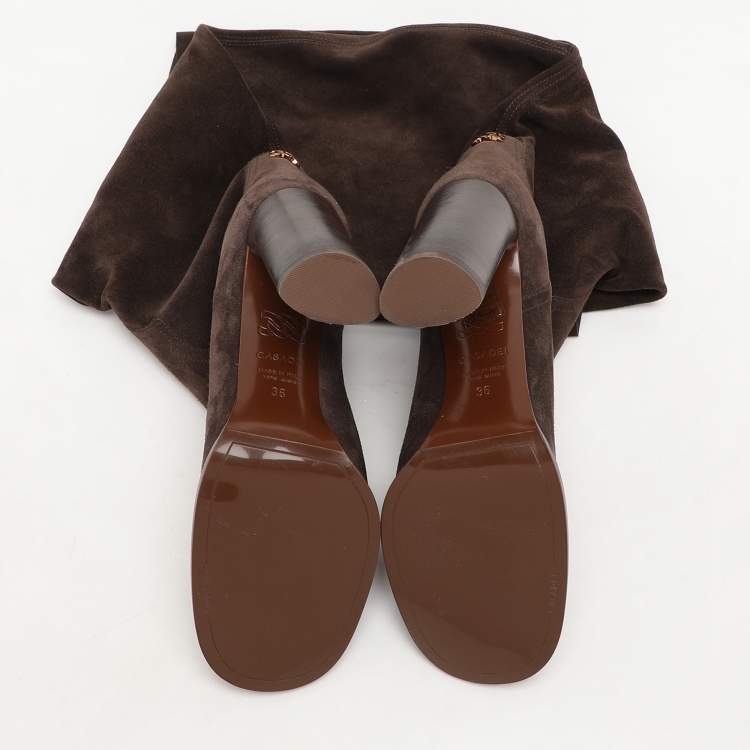 Pre Owned Casadei Brown Suede C Chain Embellished Calf Length Boots Size 36