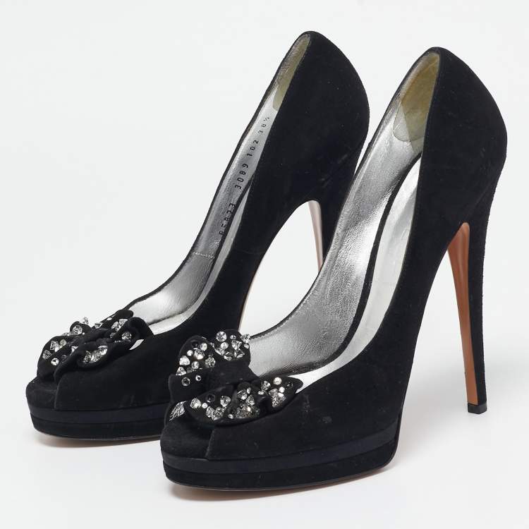 Pre Owned Casadei Black Suede Crystal Embellished Bow Peep Toe Pumps Size 38.5